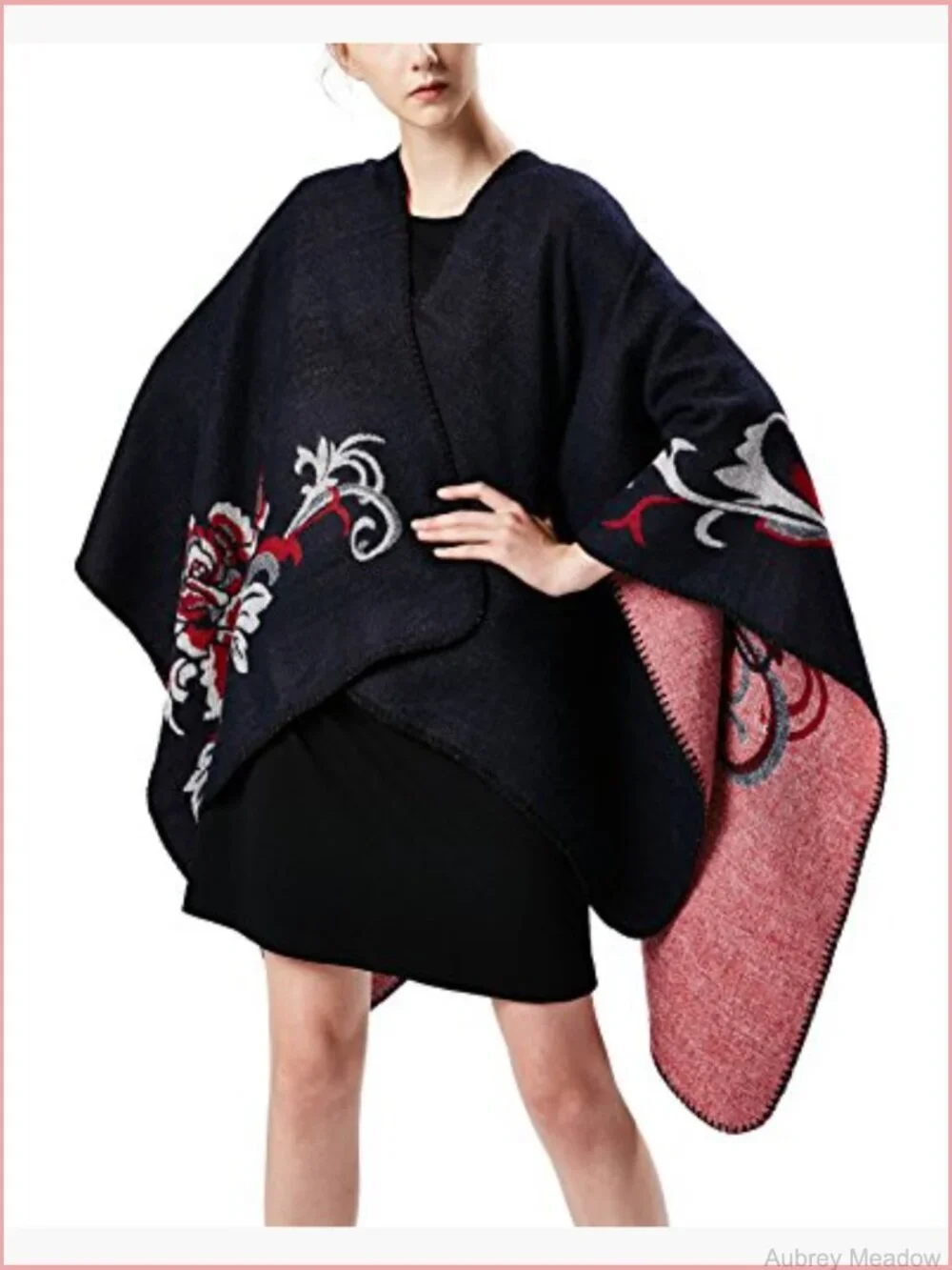 Retro Warm Floral Poncho Cape Open Front Sweater Shawl Cardigan